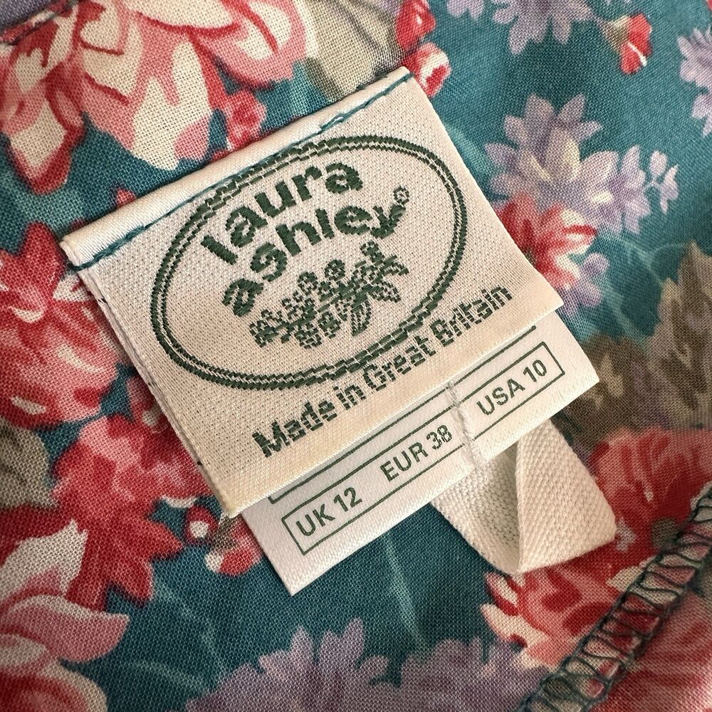 Vintage Laura Ashley Prairie Maxi Dress Floral Cottagecore 10 Cotton Puff Teal - Picture 10 of 12